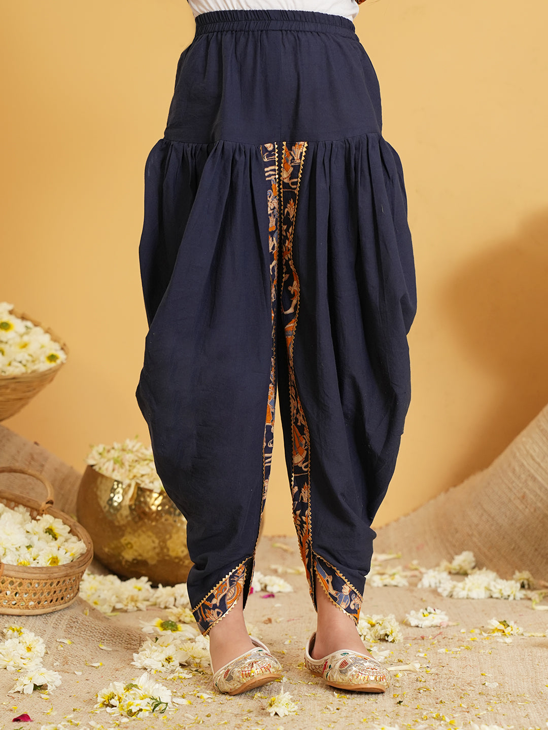 Navy Blue Printed Pure Cotton Sibling Ethnic Set for Kids – Boys Kurta Pyjama with Waistcoat & Girls Kurti Dhoti with Lace Work -  - Sibling set
