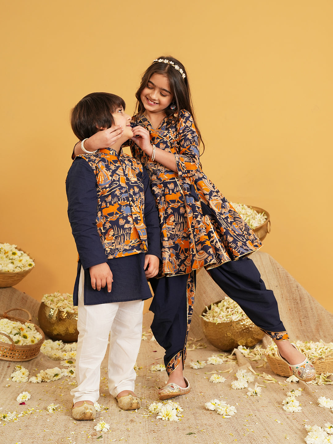 Navy Blue Printed and Lace Work Pure Cotton Kurti and Dhoti For Kids Girls