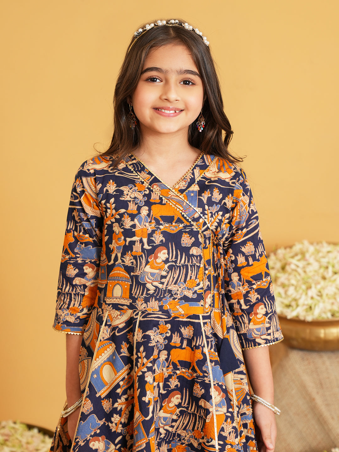 Navy Blue Printed and Lace Work Pure Cotton Kurti and Dhoti For Kids Girls