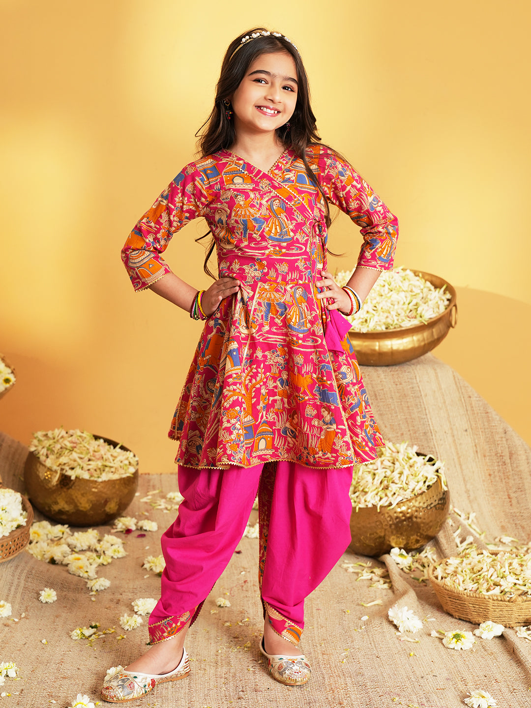 Pink Printed Pure Cotton Kurta Pyjama Waist Coat Set For Boys And Kurti and Dhoti Set For Girls - Sibling set