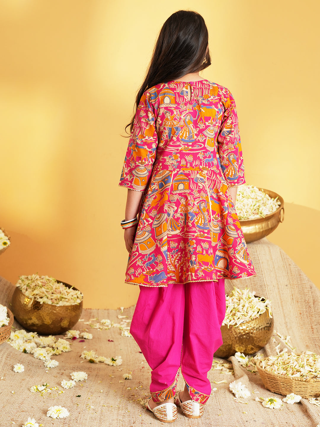 Pink Printed Pure Cotton Kurta Pyjama Waist Coat Set For Boys And Kurti and Dhoti Set For Girls - Sibling set