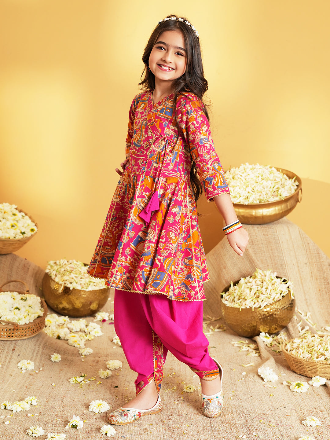 Pink Printed Pure Cotton Kurta Pyjama Waist Coat Set For Boys And Kurti and Dhoti Set For Girls - Sibling set