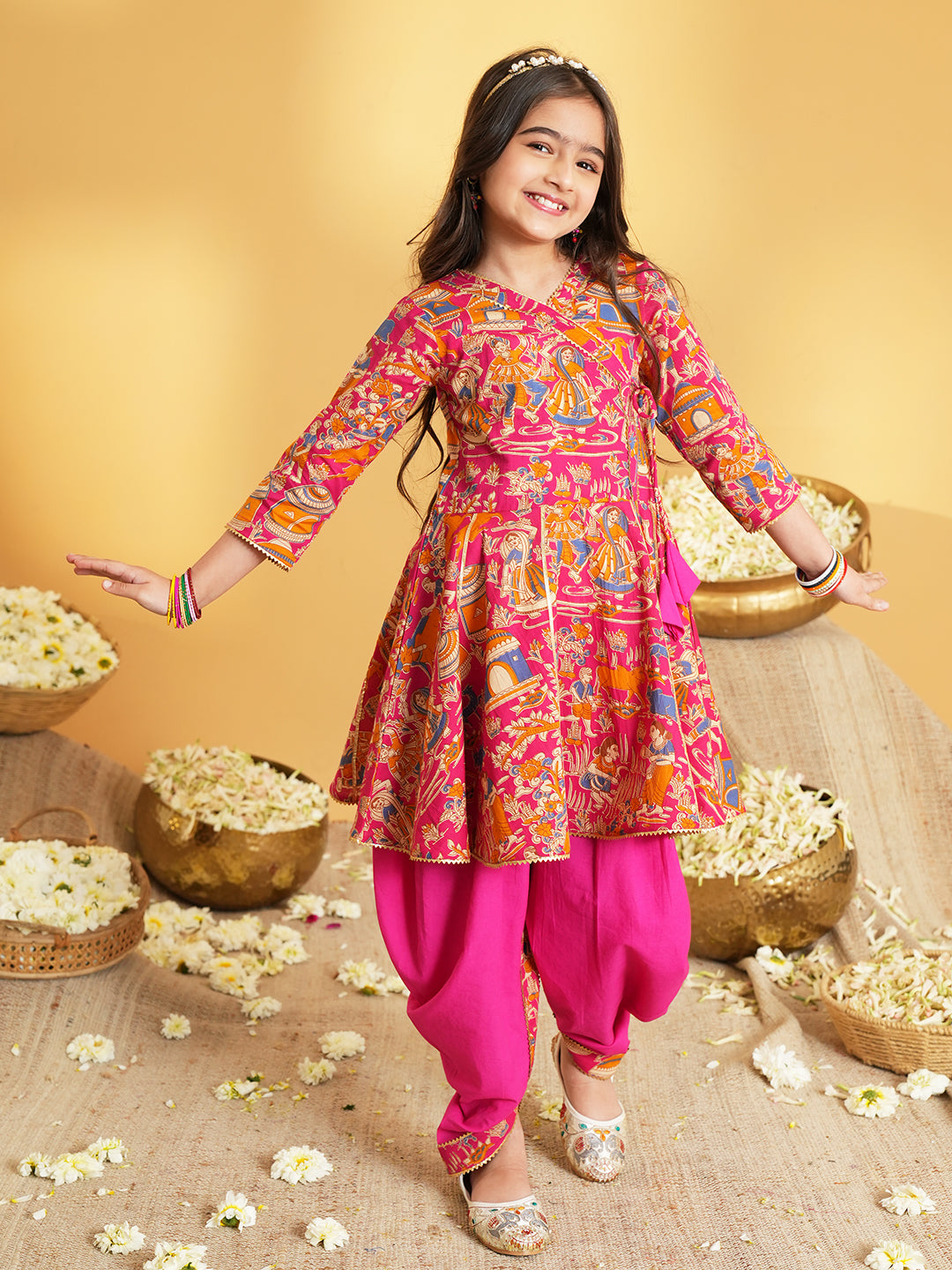 Pink Printed and Lace Work Pure Cotton Kurti and Dhoti For Kids Girls