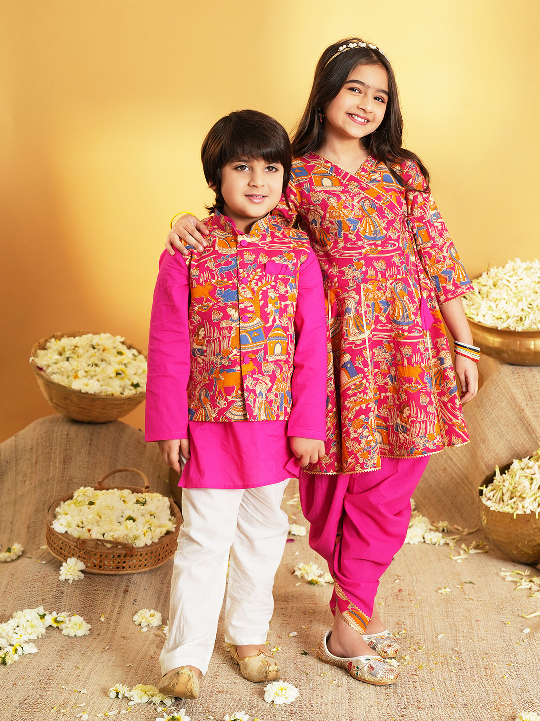 Pink Printed Pure Cotton Kurta Pyjama Waist Coat Set For Boys And Kurti and Dhoti Set For Girls - Sibling set