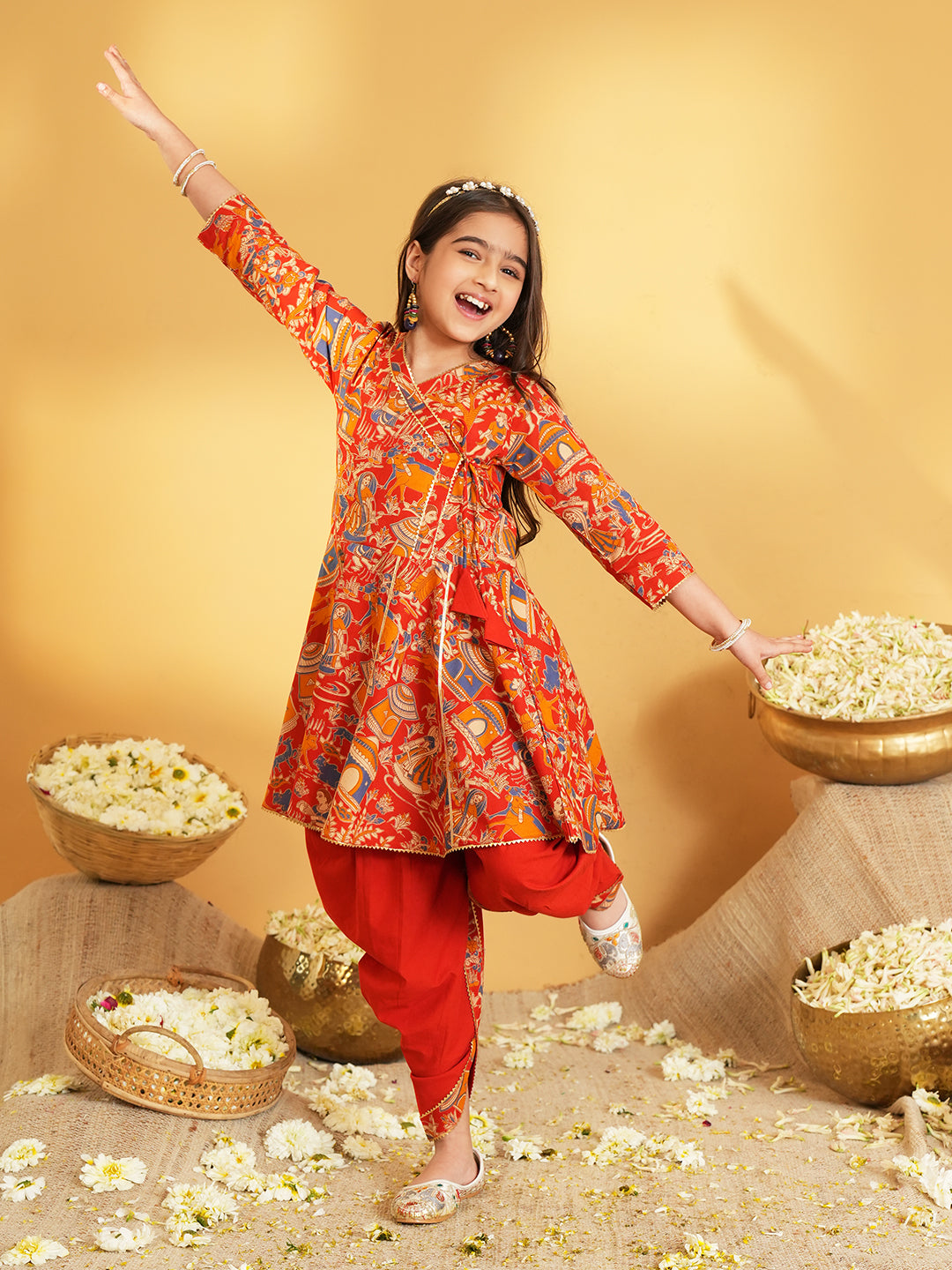 Red Printed Pure Cotton Kurta Pyjama Waist Coat Set For Boys And Kurti and Dhoti Set For Girls - Sibling set