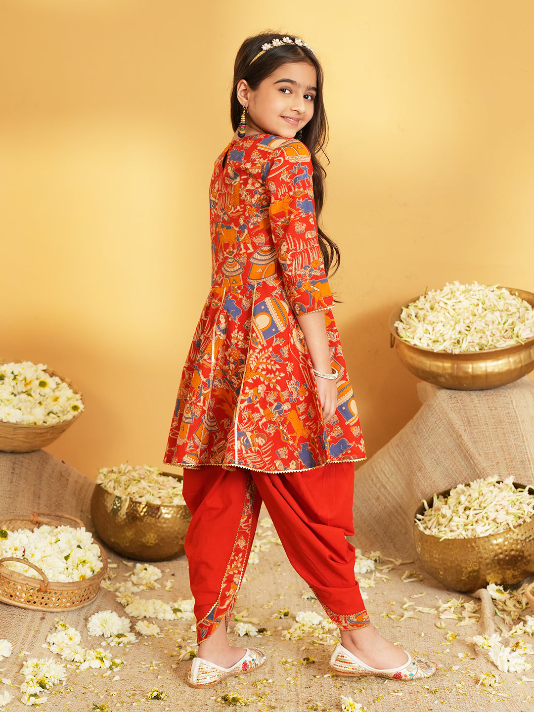Red Printed and Lace Work Pure Cotton Kurti and Dhoti For Girls