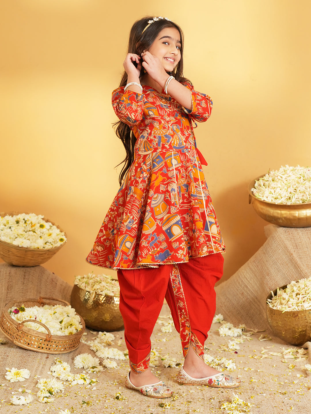 Red Printed and Lace Work Pure Cotton Kurti and Dhoti For Girls