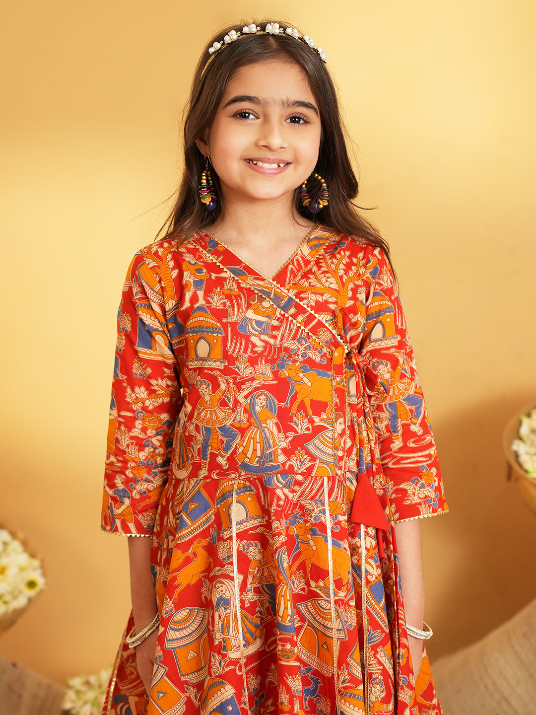Red Printed Pure Cotton Kurta Pyjama Waist Coat Set For Boys And Kurti and Dhoti Set For Girls - Sibling set