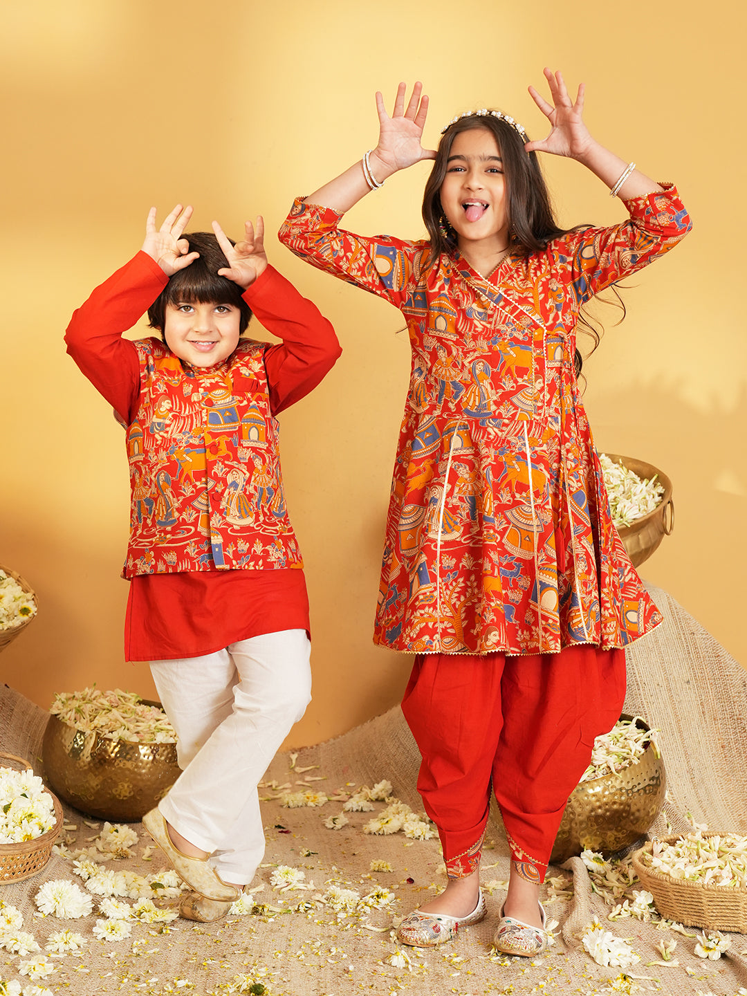 Red Printed and Lace Work Pure Cotton Kurti and Dhoti For Girls
