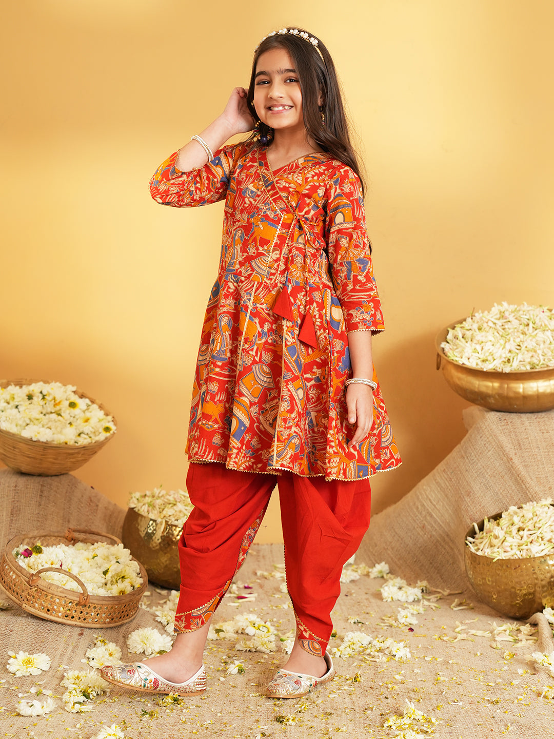 Red Printed and Lace Work Pure Cotton Kurti and Dhoti For Girls