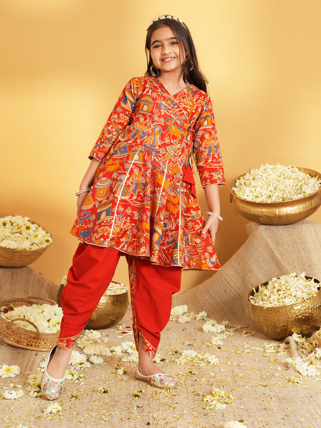 Red Printed and Lace Work Pure Cotton Kurti and Dhoti For Girls