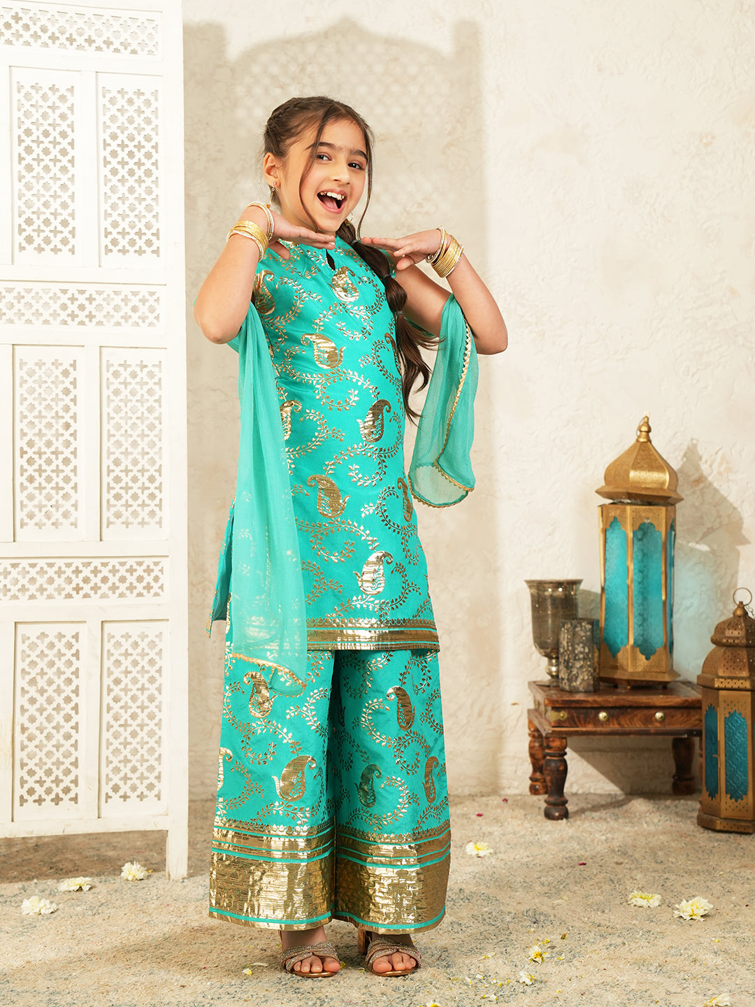 Blue Jacquard Brocade Kurti Palazzo and Dupatta For Girls