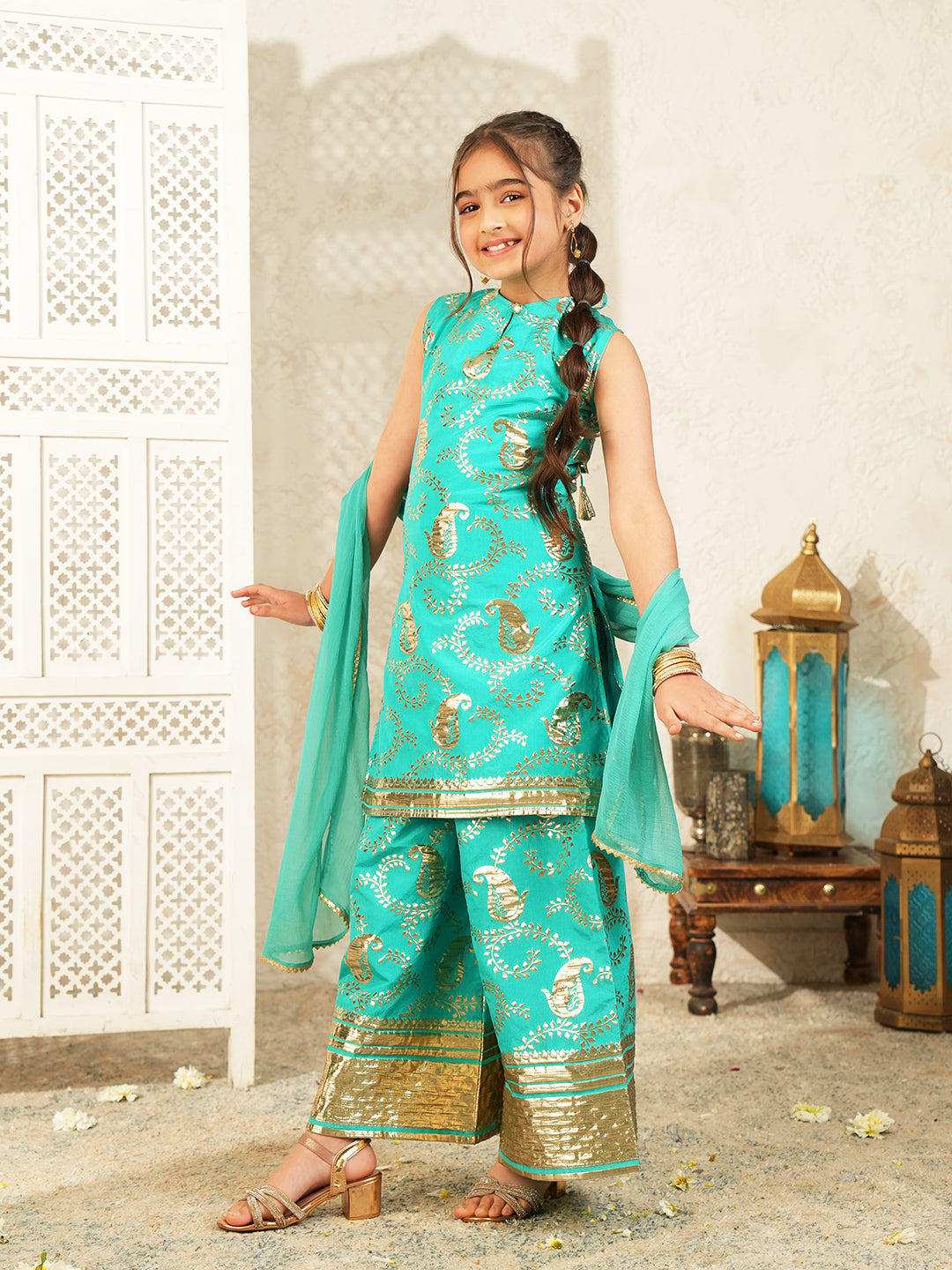 Blue Jacquard Brocade Kurti Palazzo and Dupatta For Girls