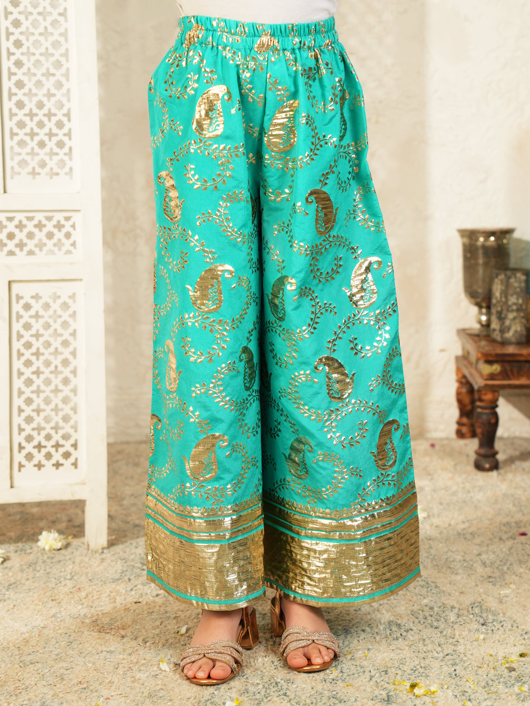 Blue Jacquard Brocade Kurti Palazzo and Dupatta For Girls
