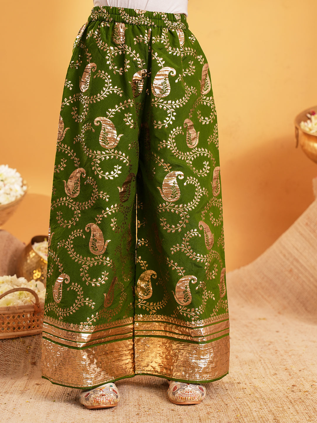 Dark Green Jacquard Brocade Kurti Palazzo and Dupatta For Girls