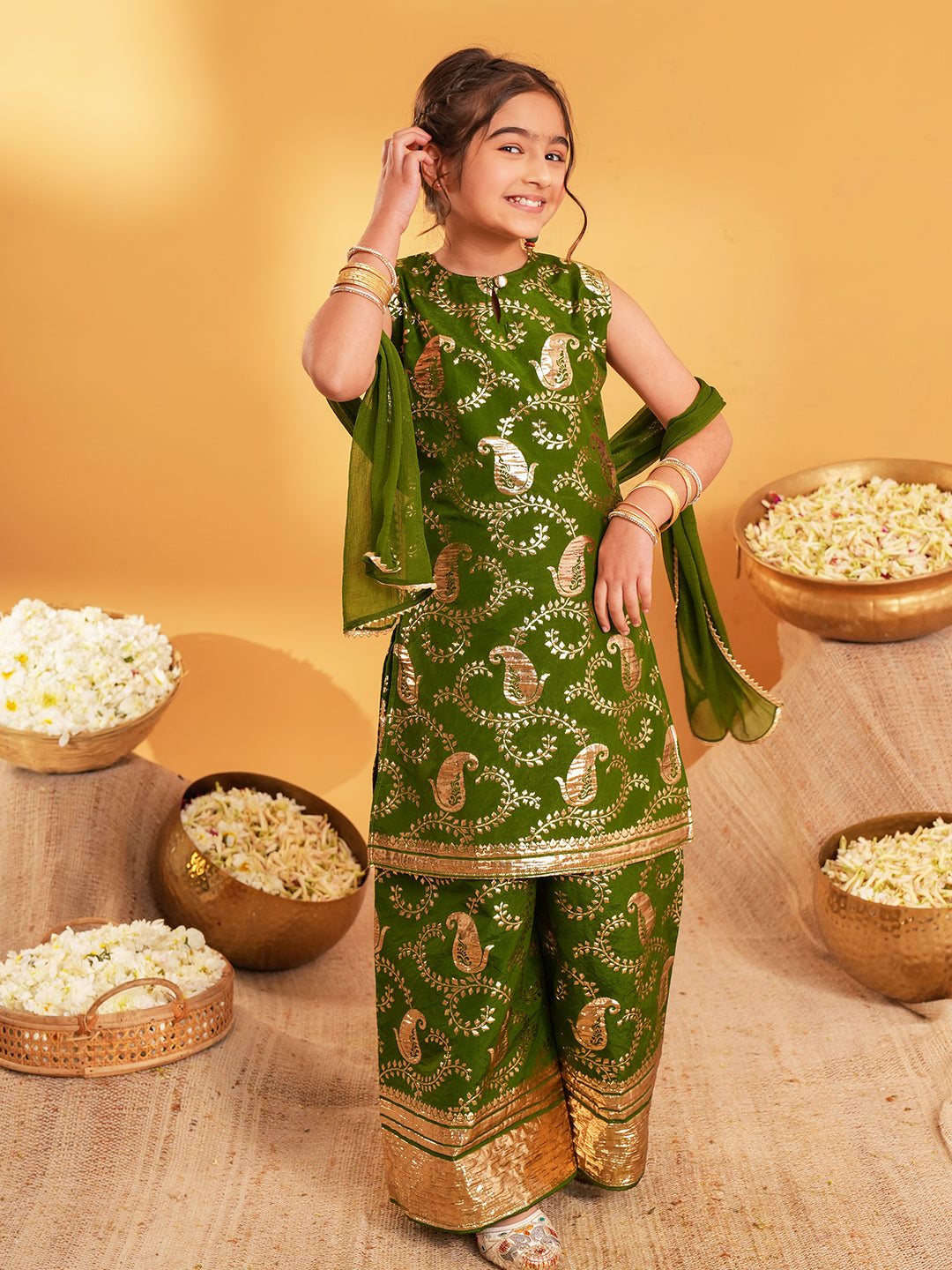 Dark Green Jacquard Brocade Kurti Palazzo and Dupatta For Girls