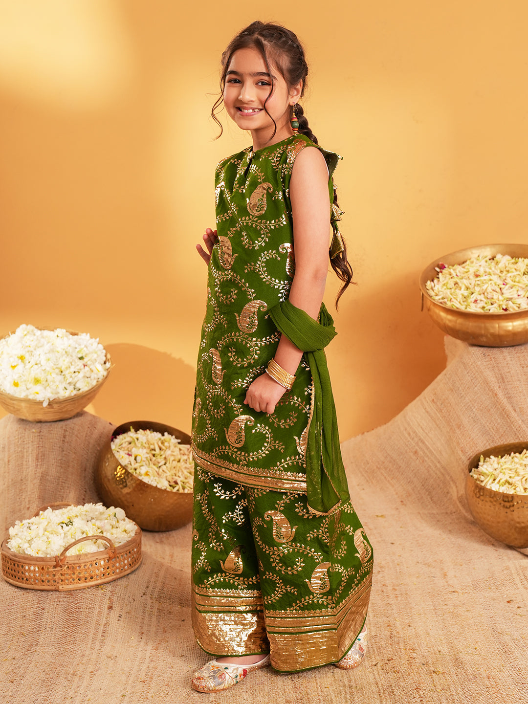 Dark Green Jacquard Brocade Kurti Palazzo and Dupatta For Girls