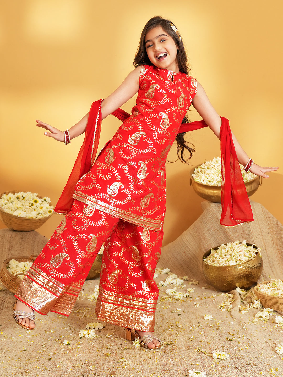 Red Jacquard Brocade Kurti Palazzo and Dupatta For Girls