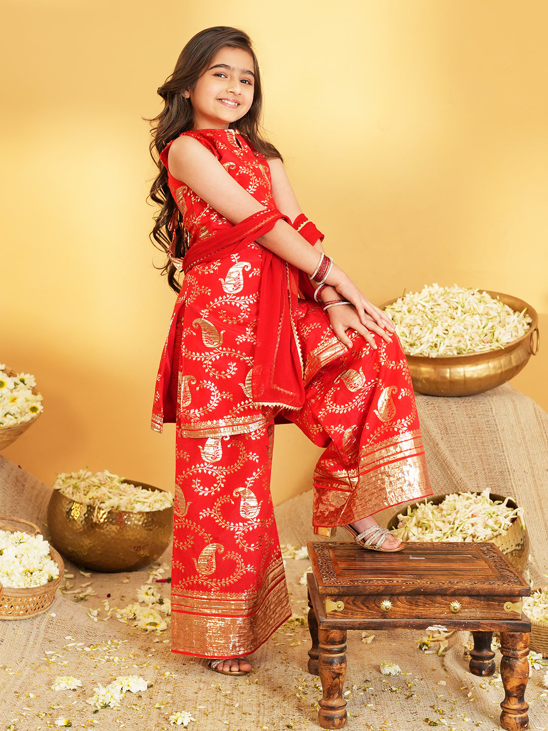 Red Jacquard Brocade Kurti Palazzo and Dupatta For Girls