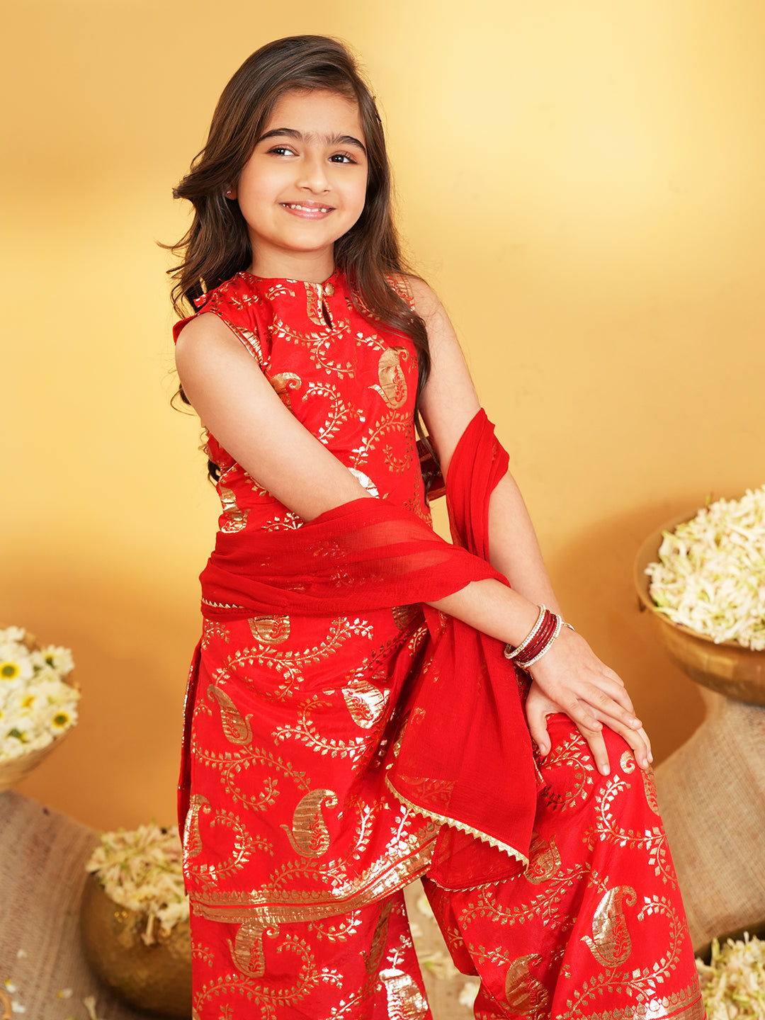 Red Jacquard Brocade Kurti Palazzo and Dupatta For Girls