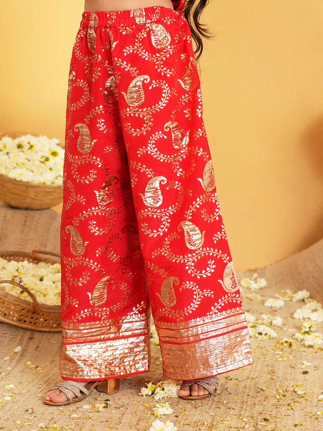 Red Jacquard Brocade Kurti Palazzo and Dupatta For Girls