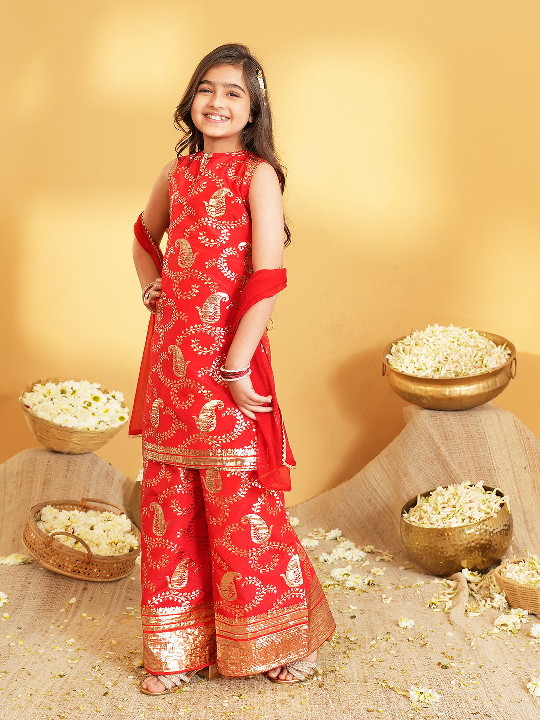 Red Jacquard Brocade Kurti Palazzo and Dupatta For Girls