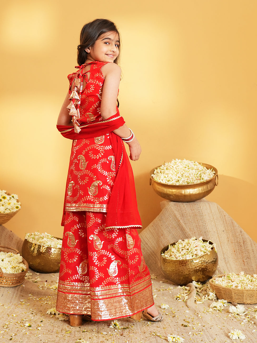 Red Jacquard Brocade Kurti Palazzo and Dupatta For Girls
