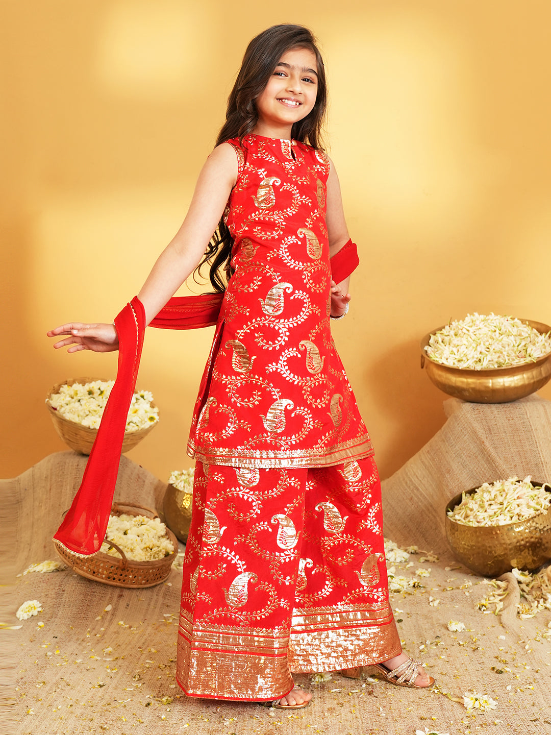 Red Jacquard Brocade Kurti Palazzo and Dupatta For Girls