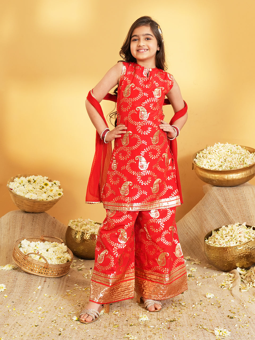 Red Jacquard Brocade Kurti Palazzo and Dupatta For Girls