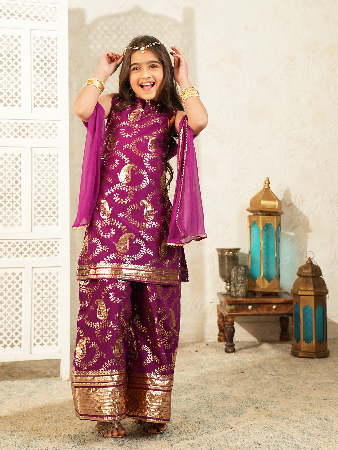 Wine Jacquard Brocade Kurti Palazzo and Dupatta For Girls