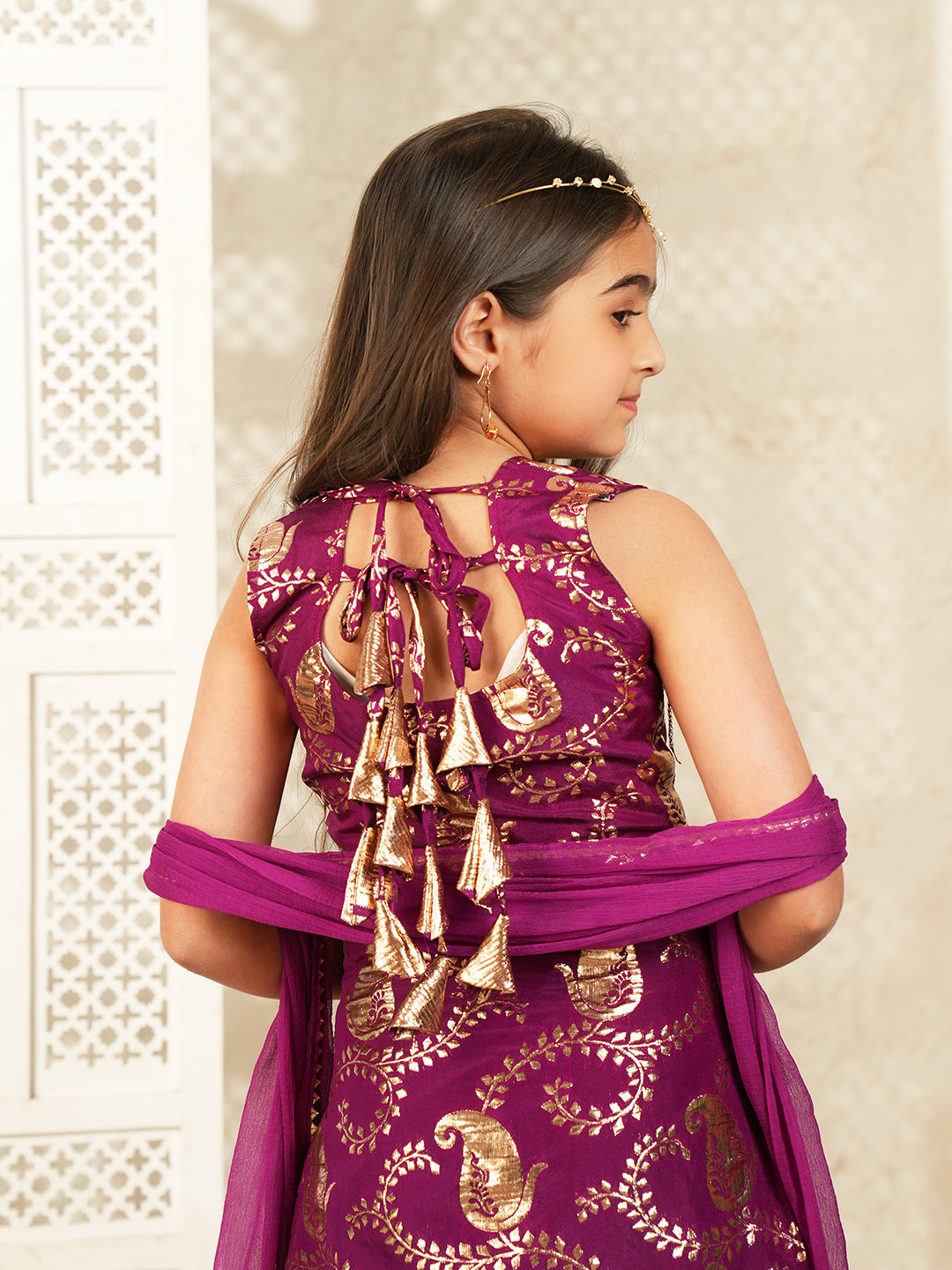 Wine Jacquard Brocade Kurti Palazzo and Dupatta For Girls