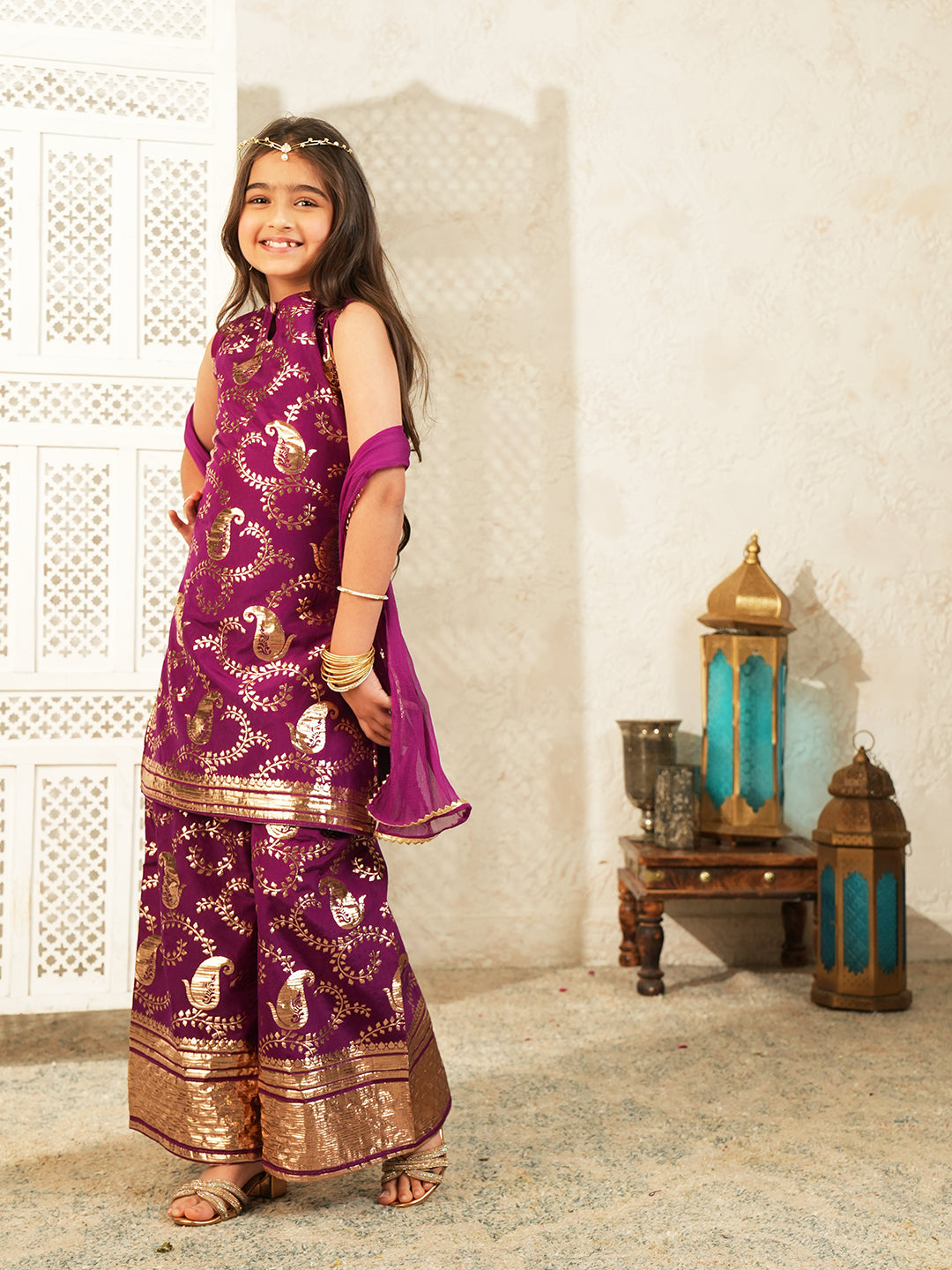 Wine Jacquard Brocade Kurti Palazzo and Dupatta For Girls