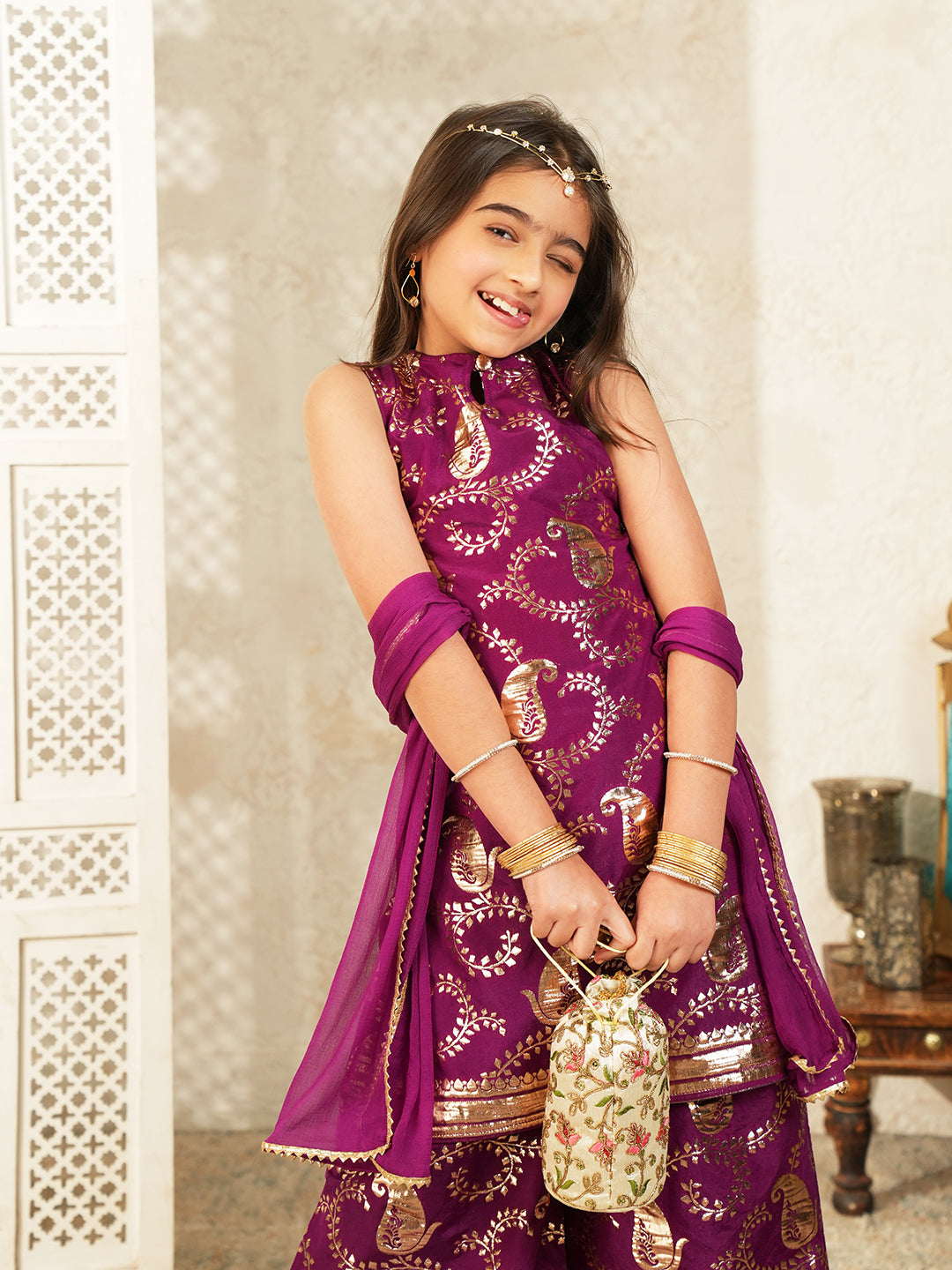 Wine Jacquard Brocade Kurti Palazzo and Dupatta For Girls