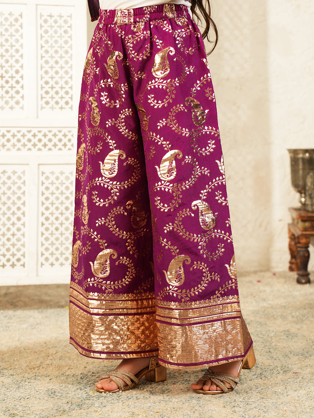 Wine Jacquard Brocade Kurti Palazzo and Dupatta For Girls