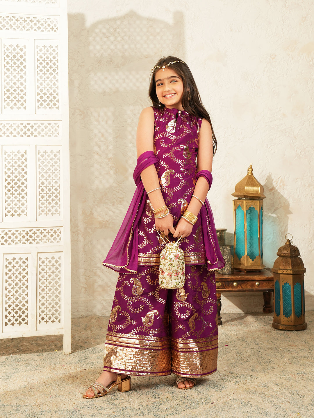 Wine Jacquard Brocade Kurti Palazzo and Dupatta For Girls