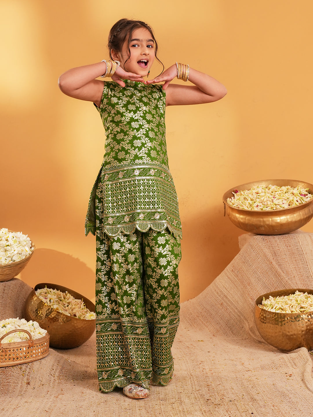 Green Heavy Embroidered Brocade Kurti and Palazzo For Girls