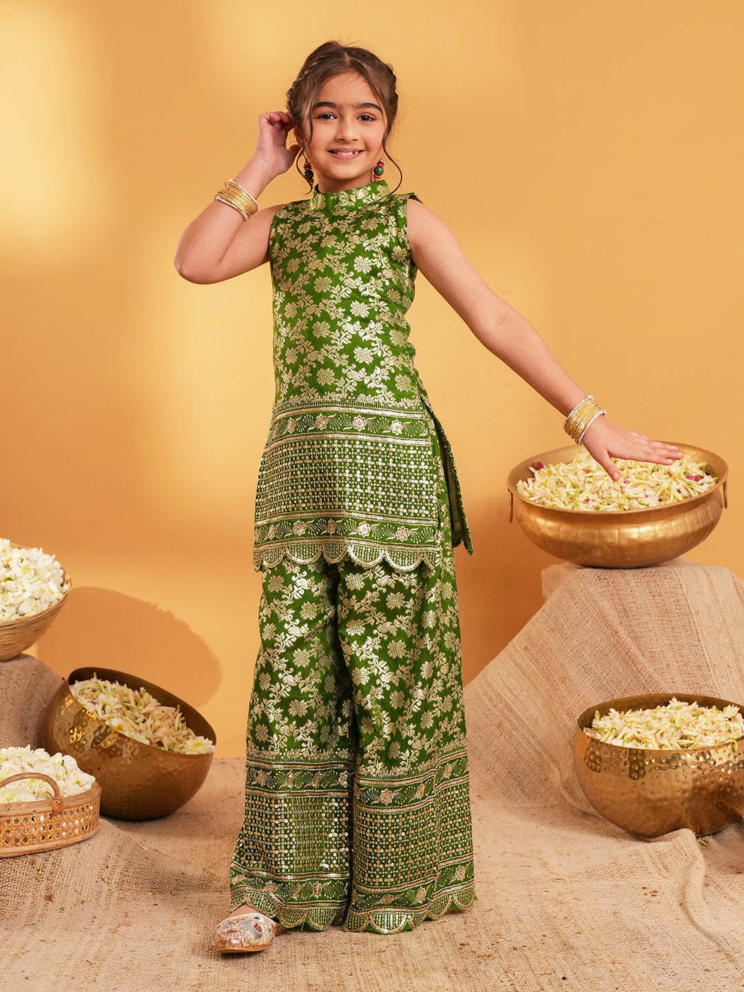 Green Heavy Embroidered Brocade Kurti and Palazzo For Girls