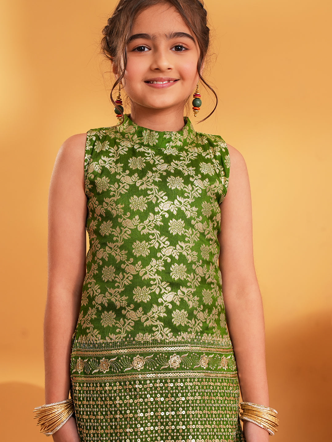 Green Heavy Embroidered Brocade Kurti and Palazzo For Girls