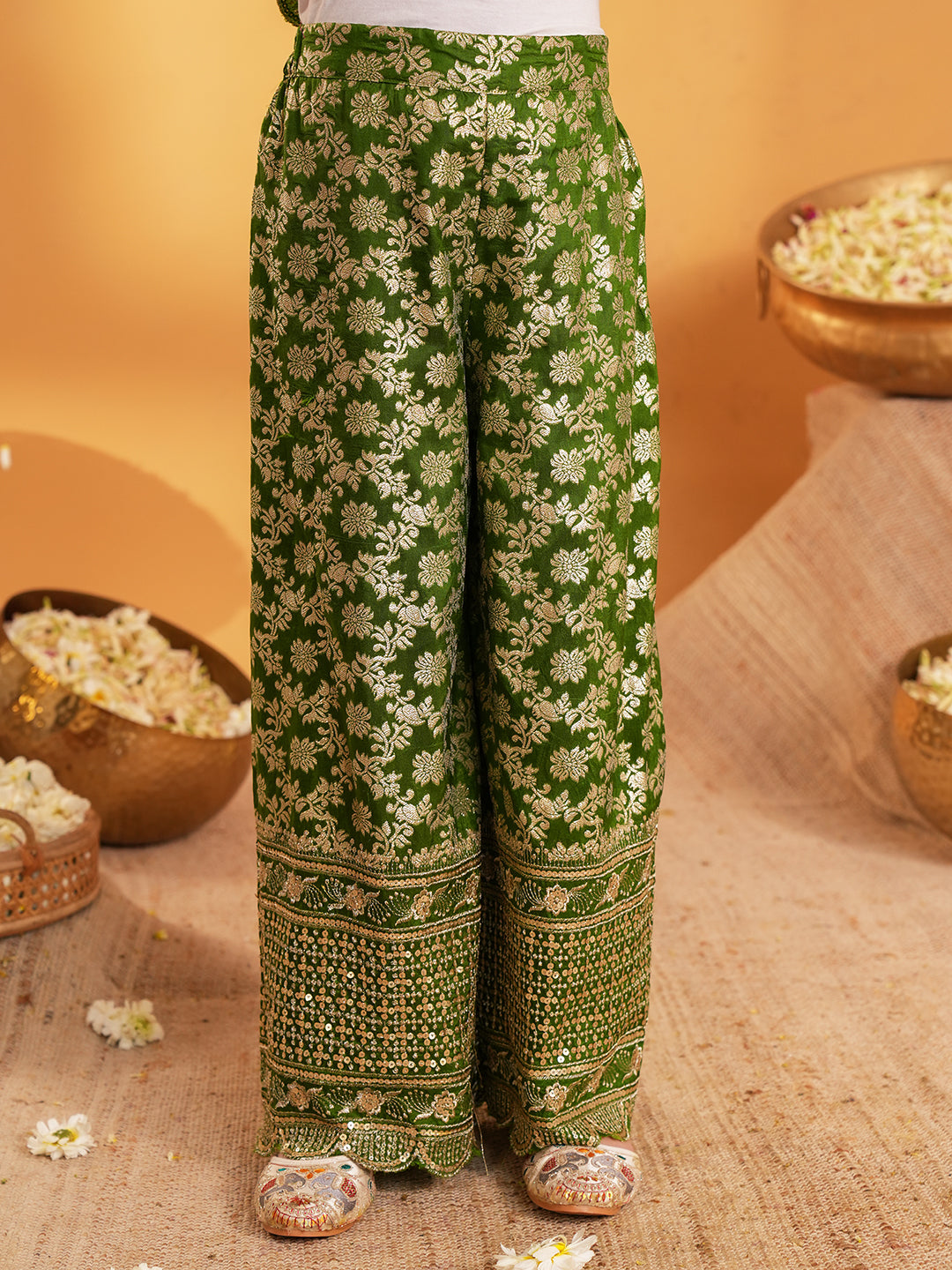 Green Heavy Embroidered Brocade Kurti and Palazzo For Girls