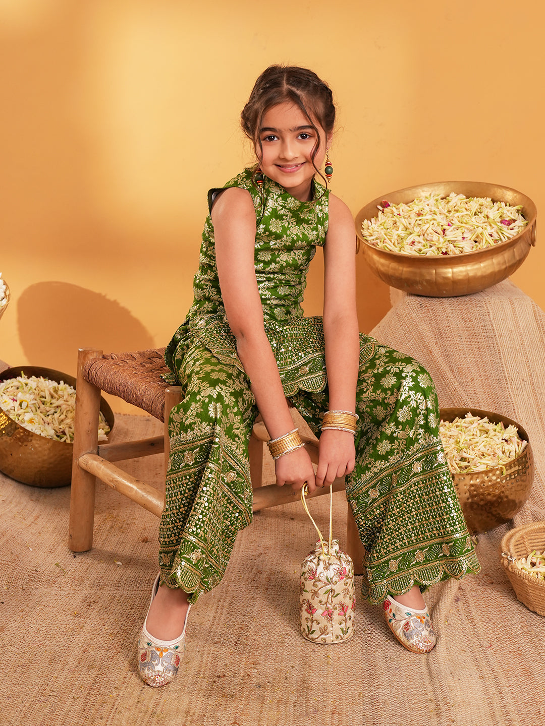 Green Heavy Embroidered Brocade Kurti and Palazzo For Girls