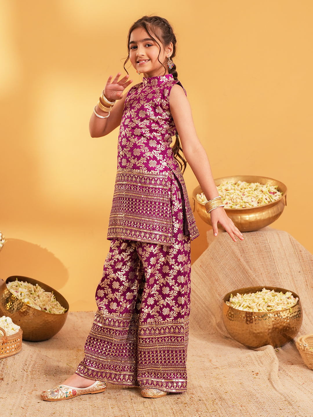 Purple Heavy Embroidered Brocade Kurti and Palazzo For Girls
