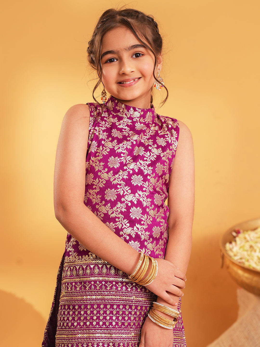 Purple Heavy Embroidered Brocade Kurti and Palazzo For Girls