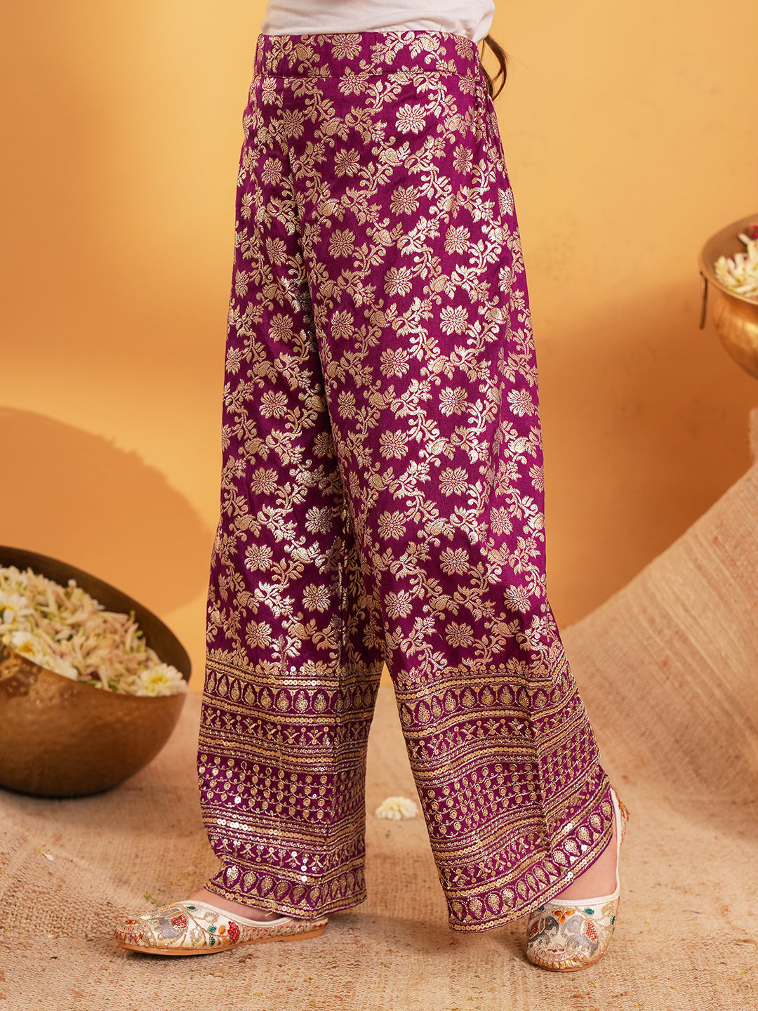 Purple Heavy Embroidered Brocade Kurti and Palazzo For Girls