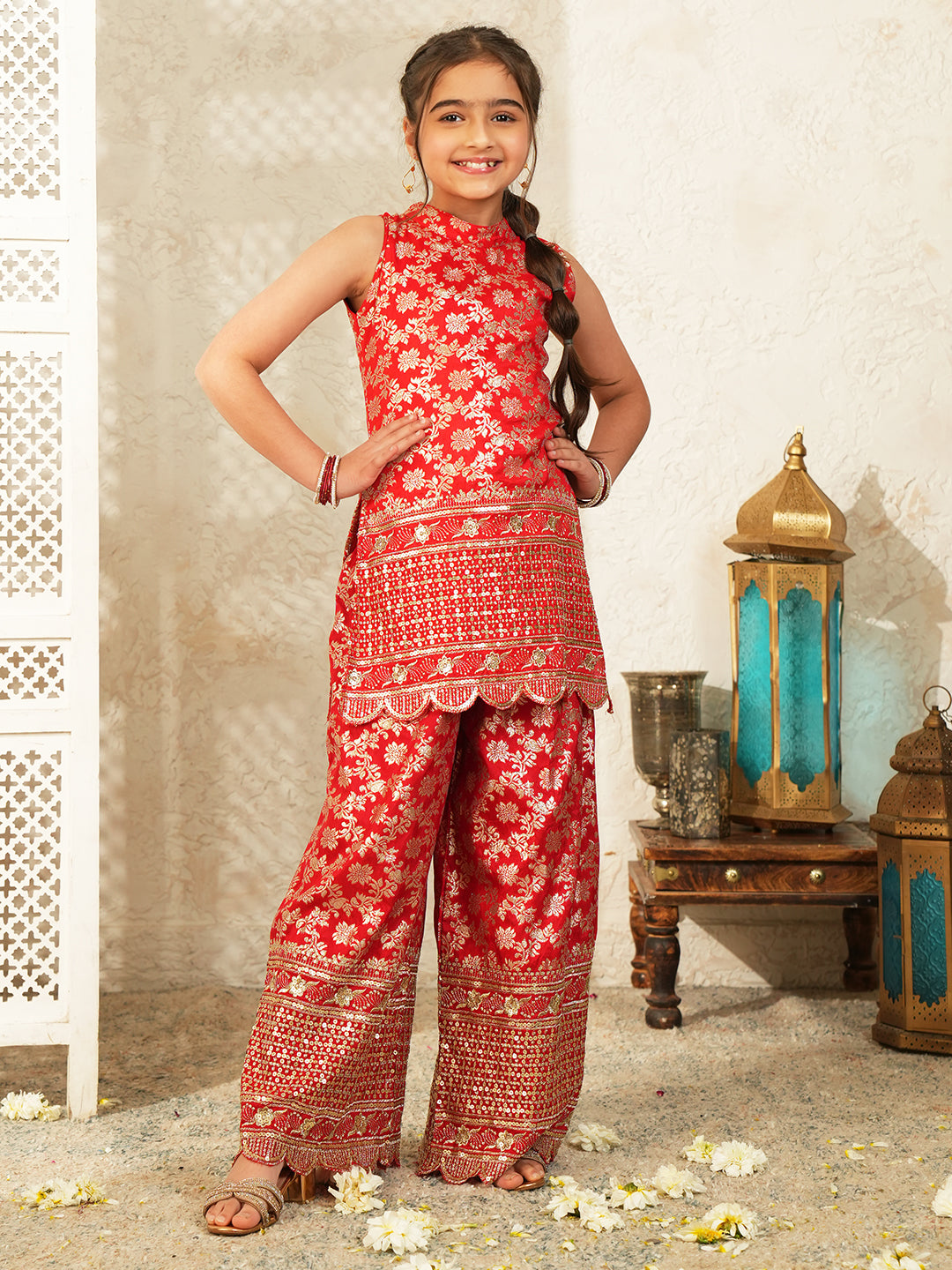 Red Heavy Embroidered Brocade Kurti and Palazzo For Girls