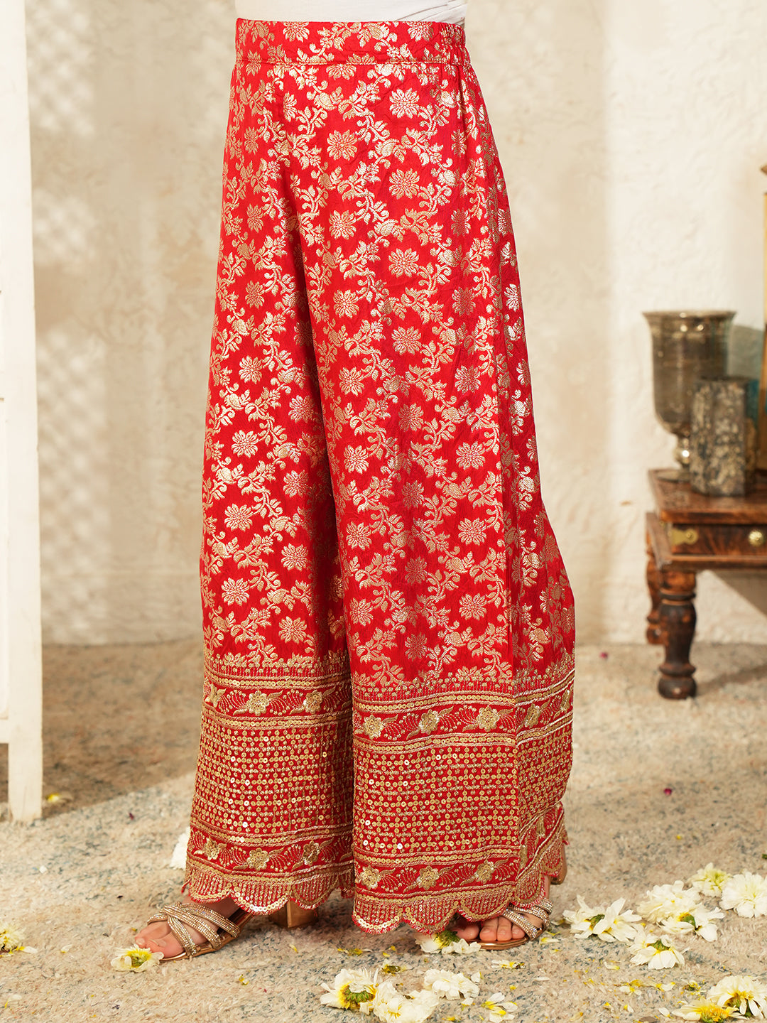 Red Heavy Embroidered Brocade Kurti and Palazzo For Girls