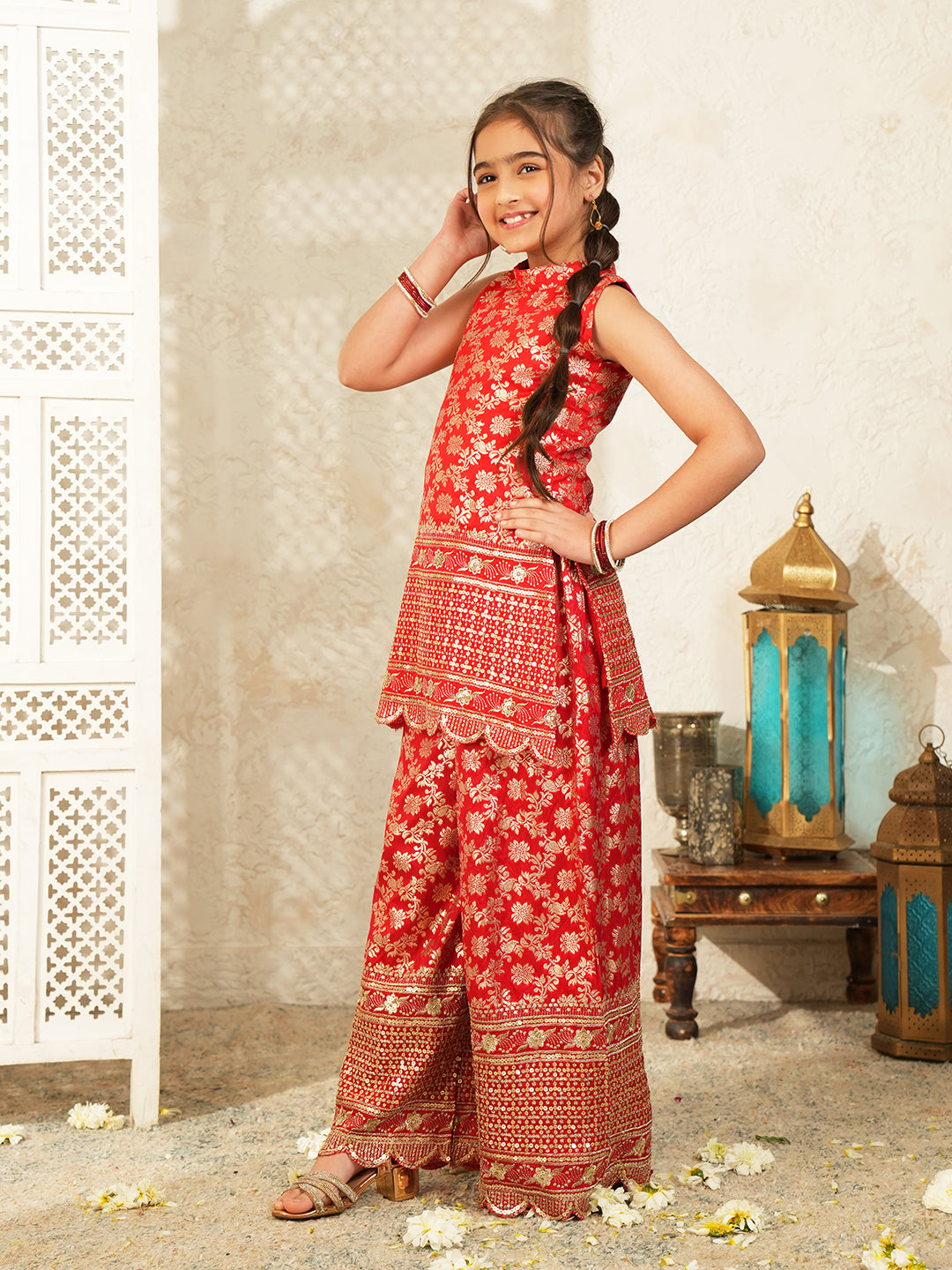 Red Heavy Embroidered Brocade Kurti and Palazzo For Girls
