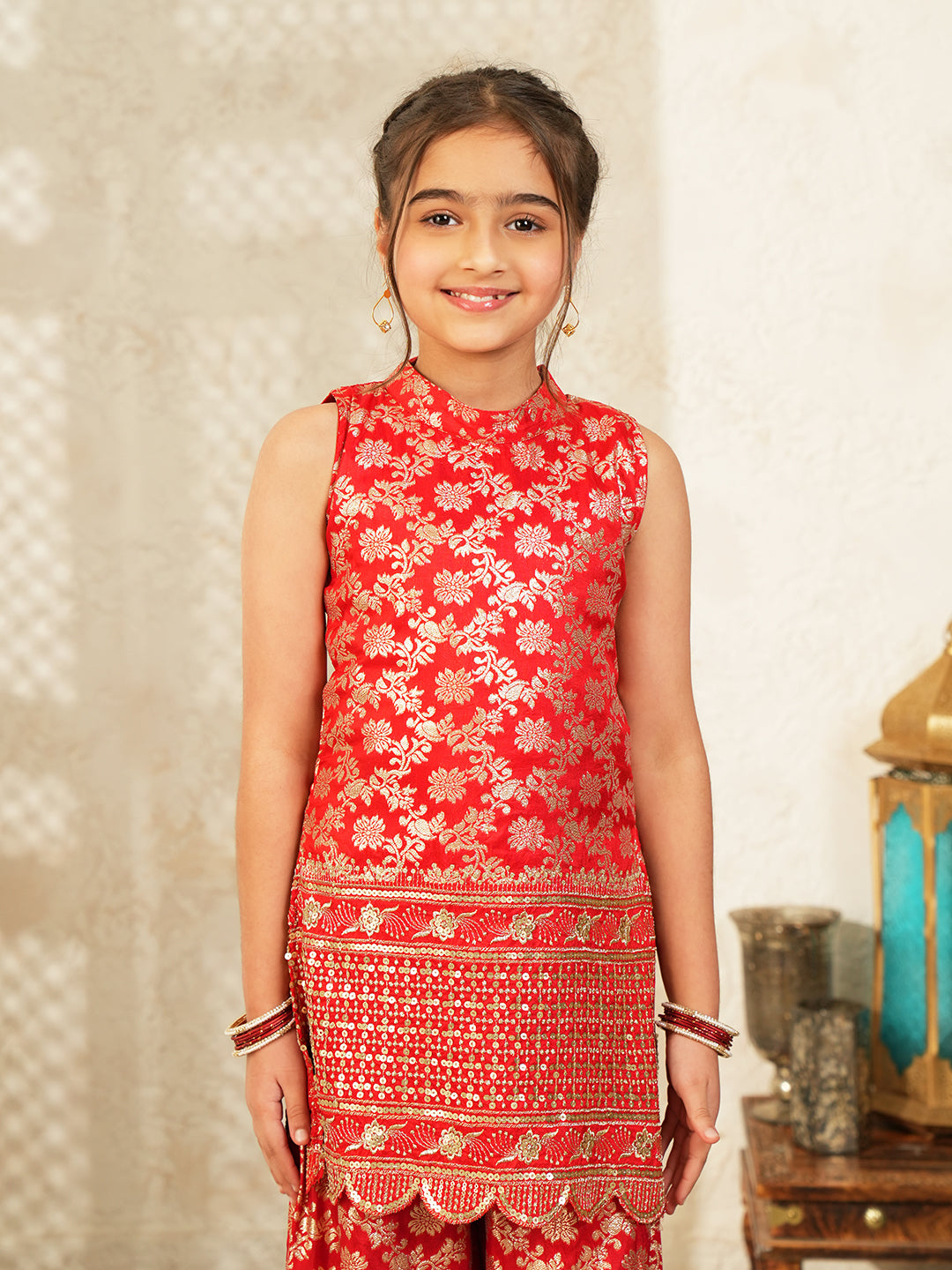Red Heavy Embroidered Brocade Kurti and Palazzo For Girls