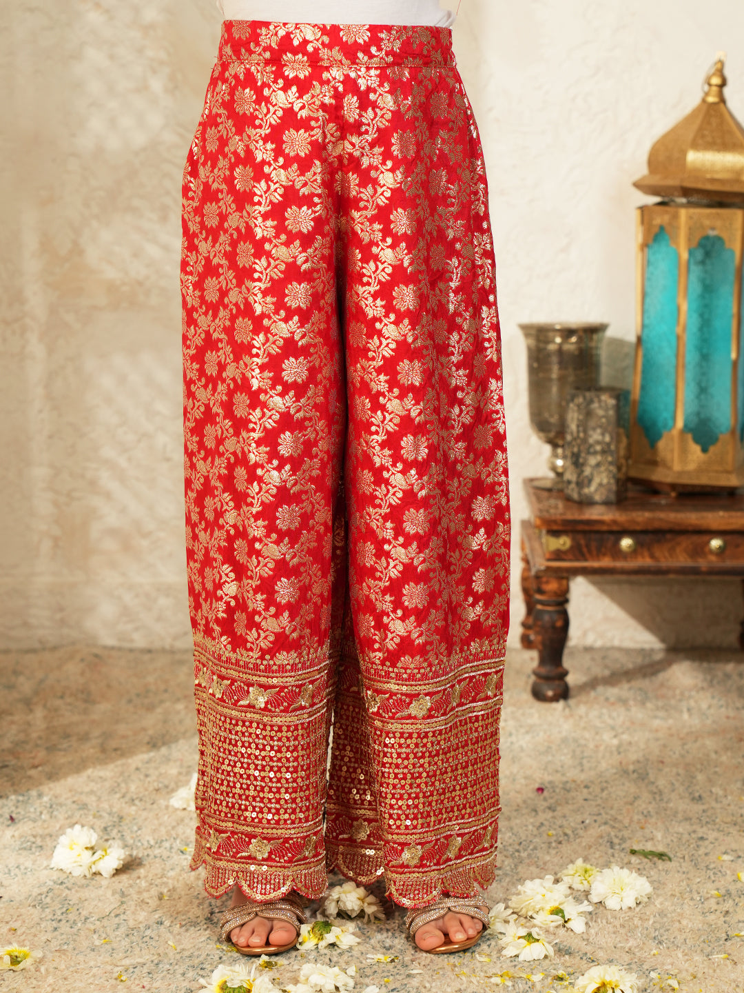 Red Heavy Embroidered Brocade Kurti and Palazzo For Girls