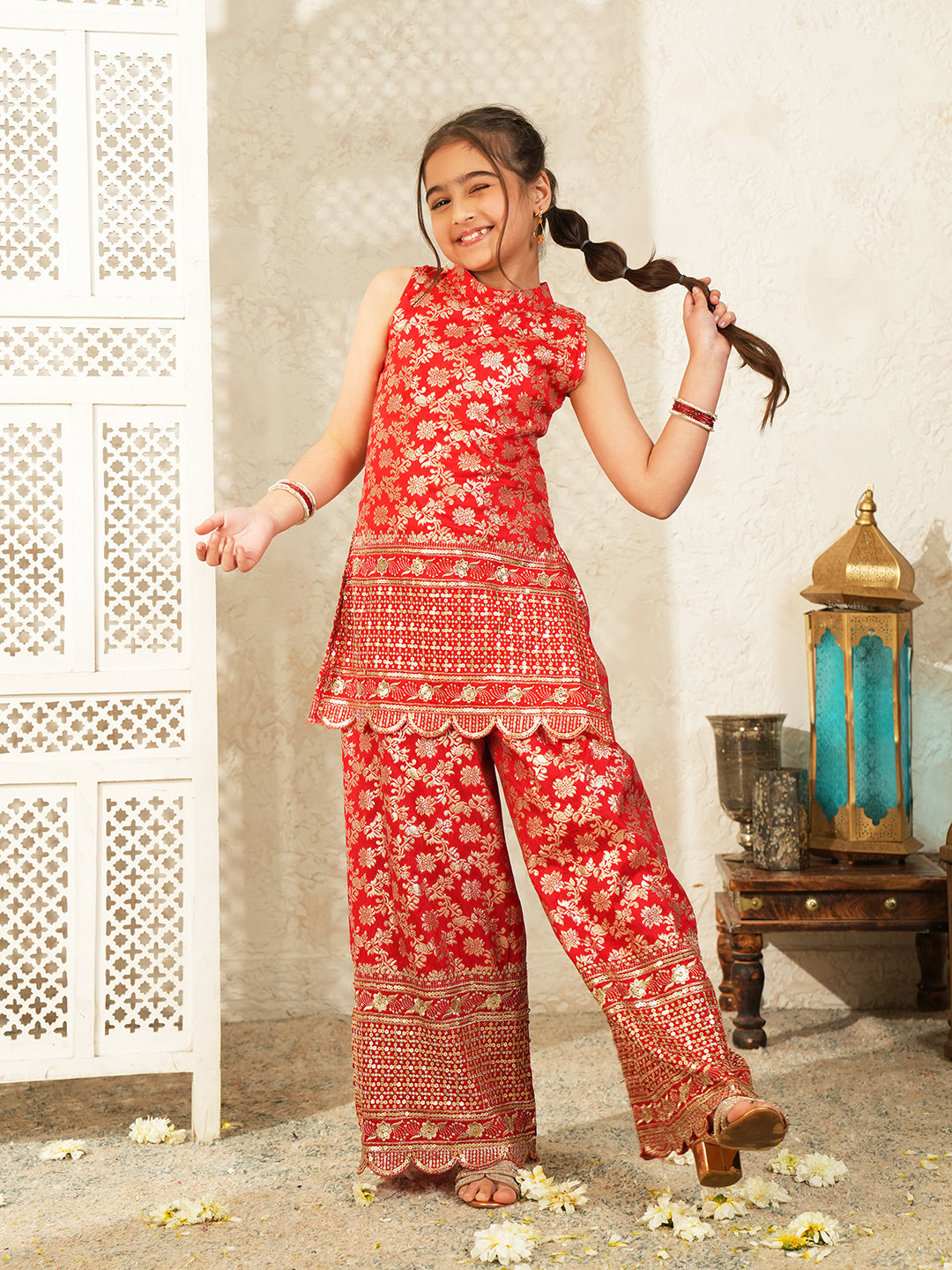 Red Heavy Embroidered Brocade Kurti and Palazzo For Girls
