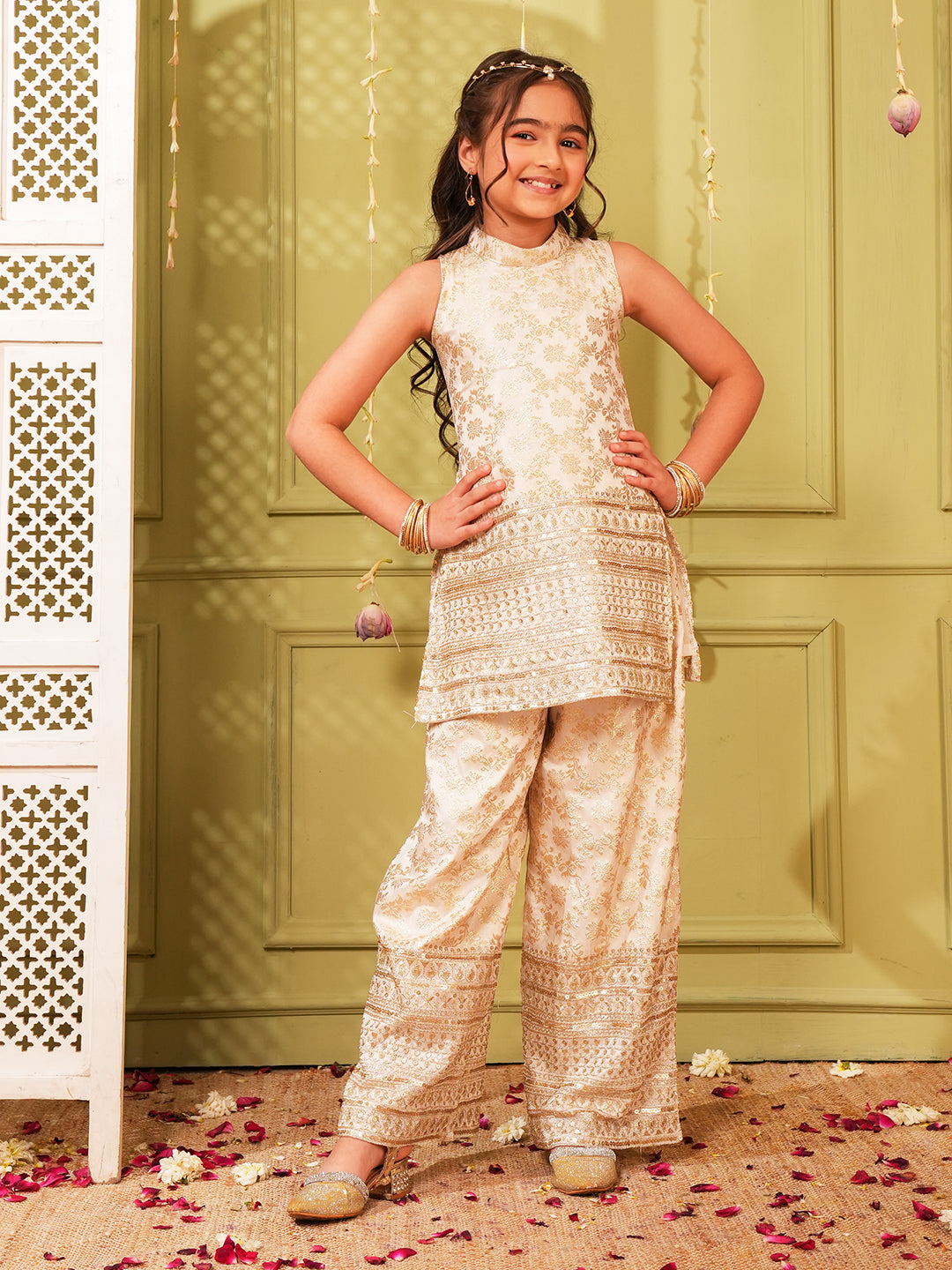 White Heavy Embroidered Brocade Kurti and Palazzo For Girls